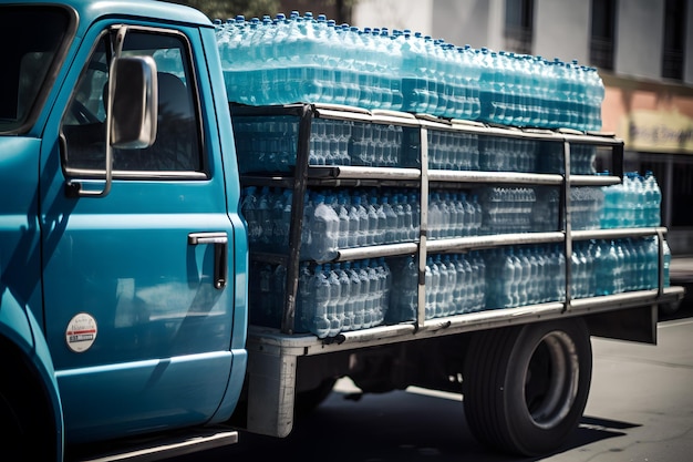 A blue van with a full load of water bottles on the back