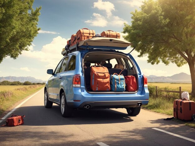 a blue van with luggage in the back is driving down a road