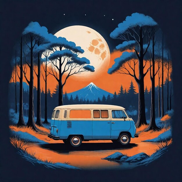 a blue van with a mountain in the background