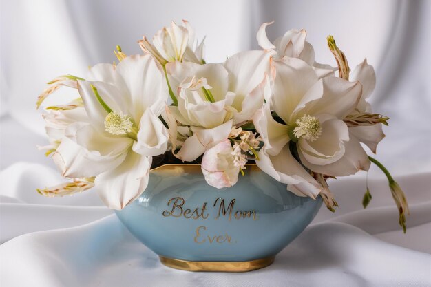 Photo blue vase filled with white flowers on table