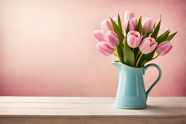 A blue vase of pink tulips sits on a wooden table.