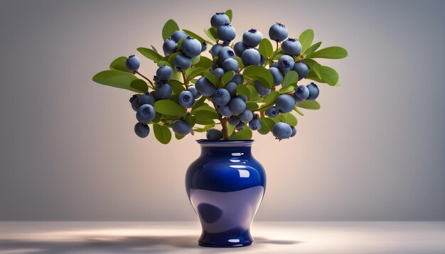 Foto un vaso blu con mirtilli e foglie verdi