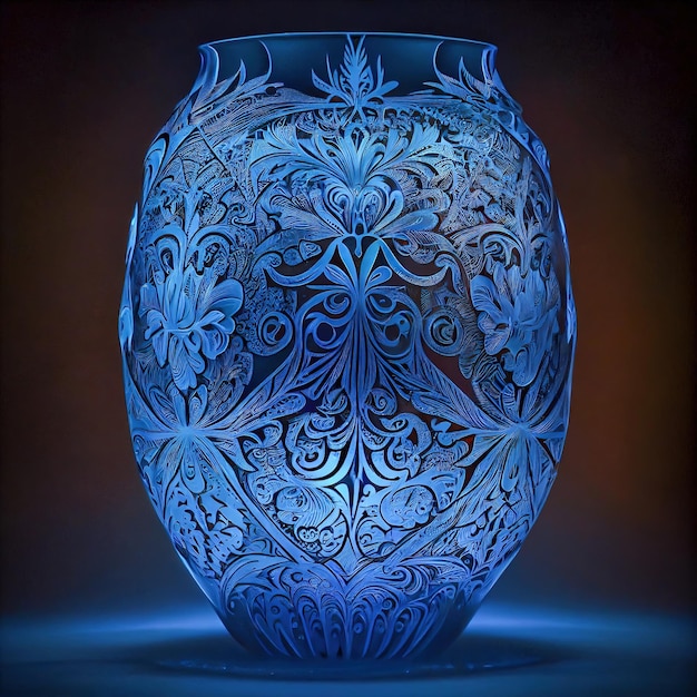 A blue vase with a floral pattern on it