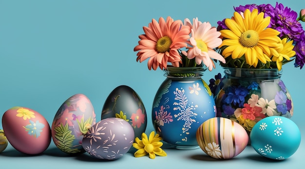 голубая ваза с цветами и голубой фон с цветочным дизайном
