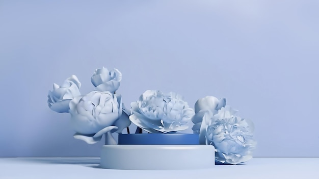 A blue vase with flowers on it is on a blue background.