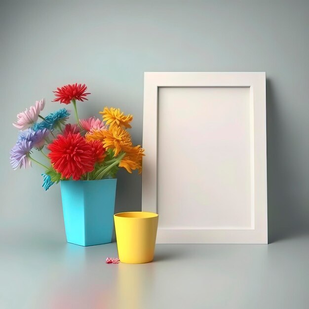 A blue vase with flowers in it and a yellow cup on the floor