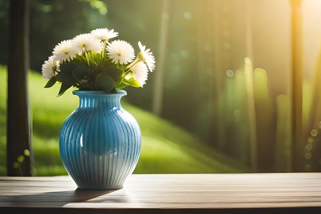 a blue vase with flowers on a table and the sun shining through the window.