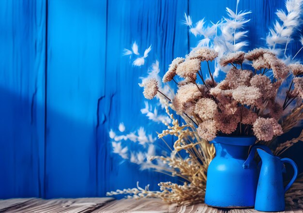 Photo a blue vase with flowers on a wooden table