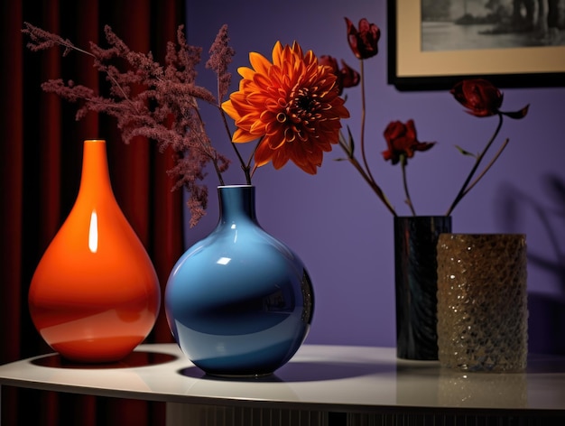Photo a blue vase with gold accents with dahlia in it
