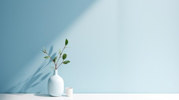 Blue vase with green plant on white table and blue wall background