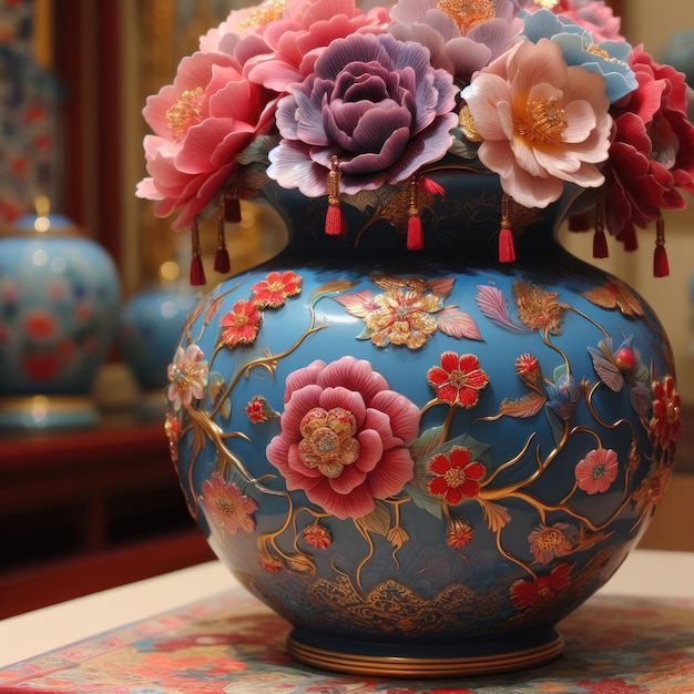 Photo a blue vase with intricate pink and red flowers and gold accents