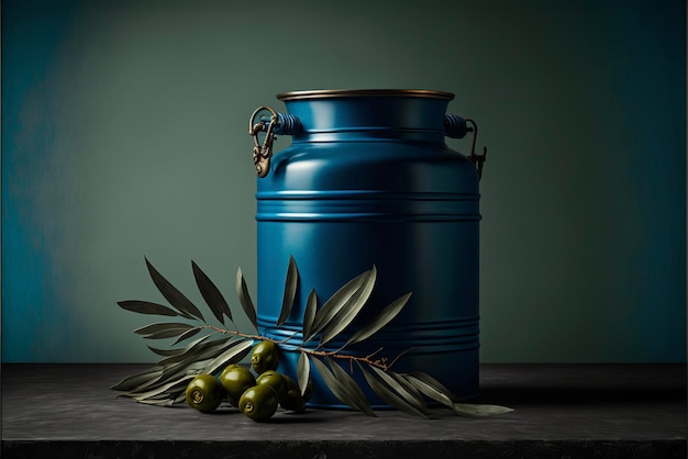 Blue vase with olives on a table