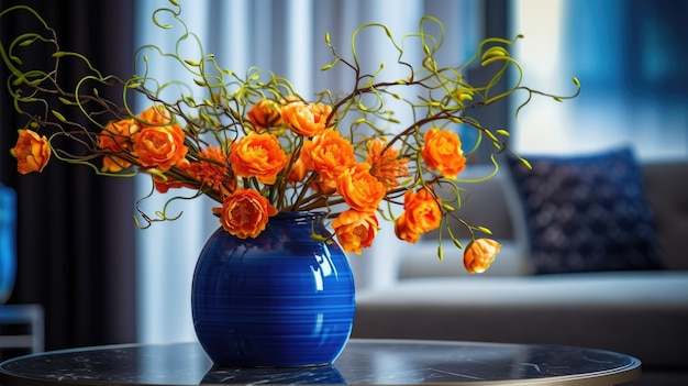 A blue vase with orange flowers sits on a coffee table.