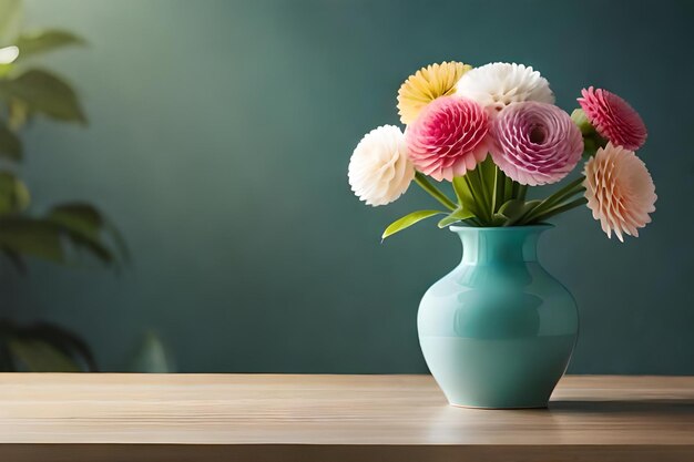 A blue vase with a pink and white flowers in it