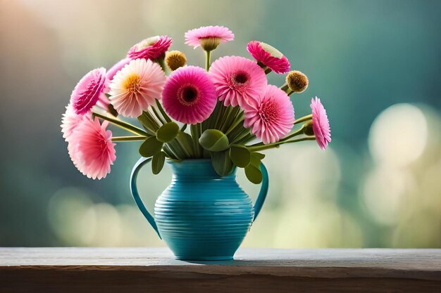 Foto a blue vase with pink and yellow flowers in it