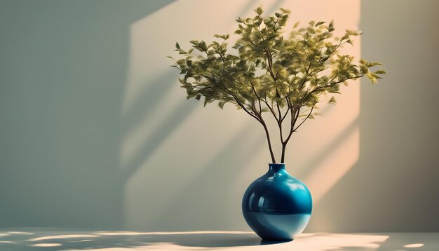 a blue vase with a plant in it and a tree in the middle