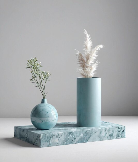 a blue vase with a plant in it