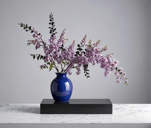 a blue vase with purple flowers on a marble table