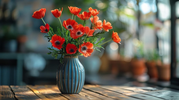 Blue Vase With Red Flowers on Table