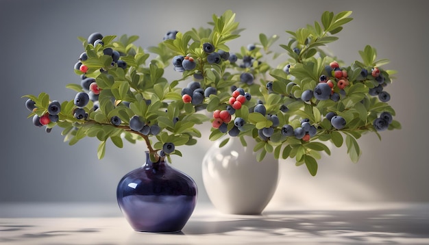 Photo a blue vase with a small plant in it and a white one with a blue flower in it