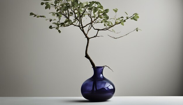 a blue vase with a tree growing out of it