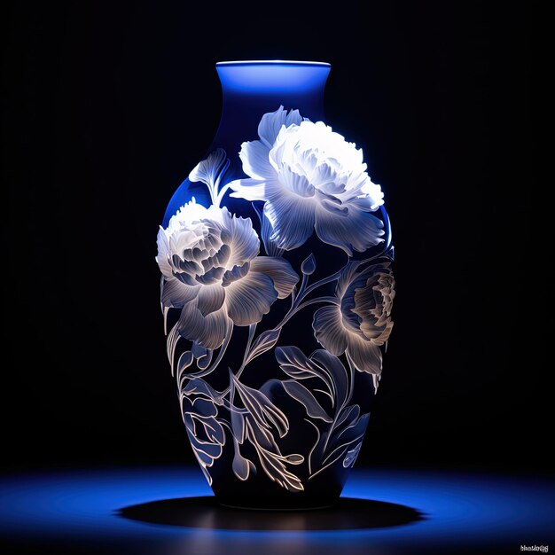 a blue vase with white flowers and blue and white flowers