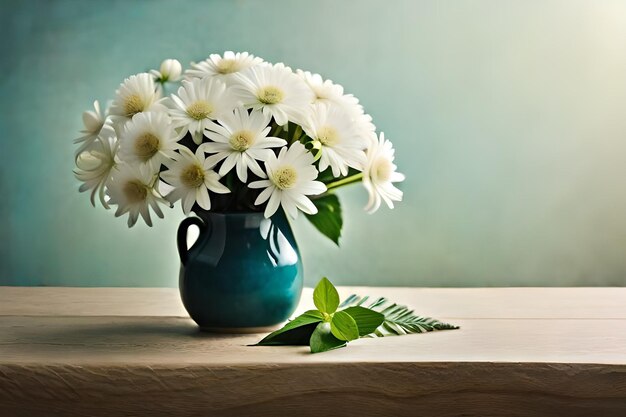 A blue vase with white flowers and green leaves on a table