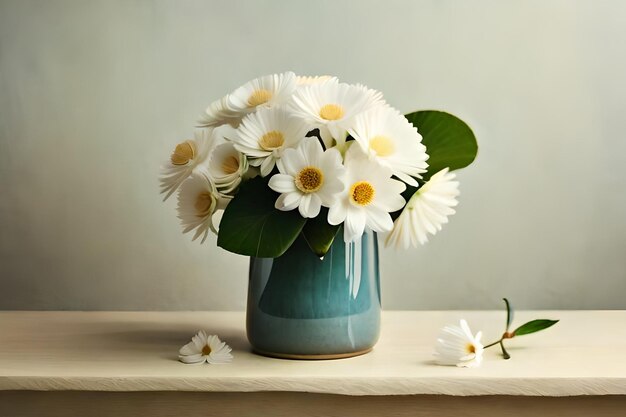 A blue vase with white flowers and green leaves