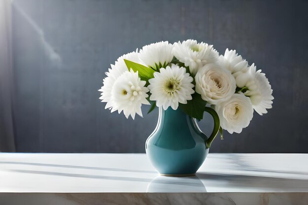 A blue vase with white flowers in it and white flowers in the middle