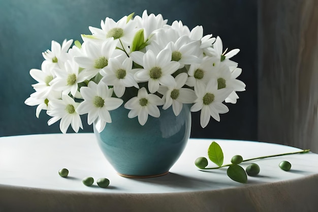 A blue vase with white flowers on a table