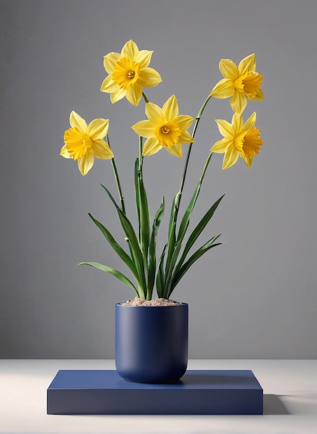  테이블 위 에 노란색 다스 가 있는 파란색 꽃병