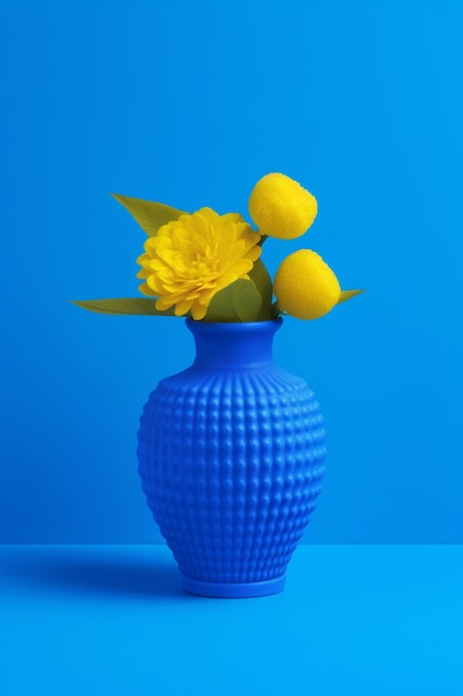 青い背景に黄色の花が付いた青い花瓶。
