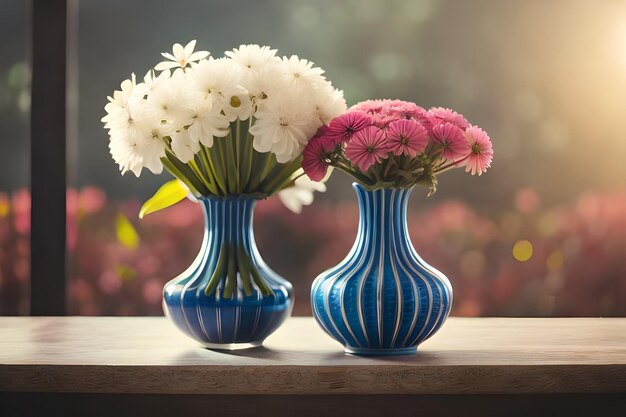 blue vases with white and pink flowers on a table