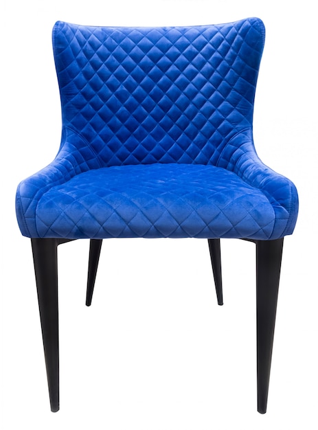 Blue velours modern chair with back standing straight isolated