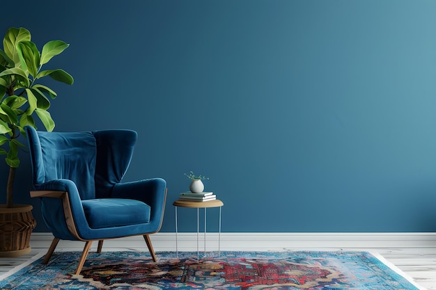 Синий бархатный кресло в классическом интерьере с голубой стеной и ковром 3D render