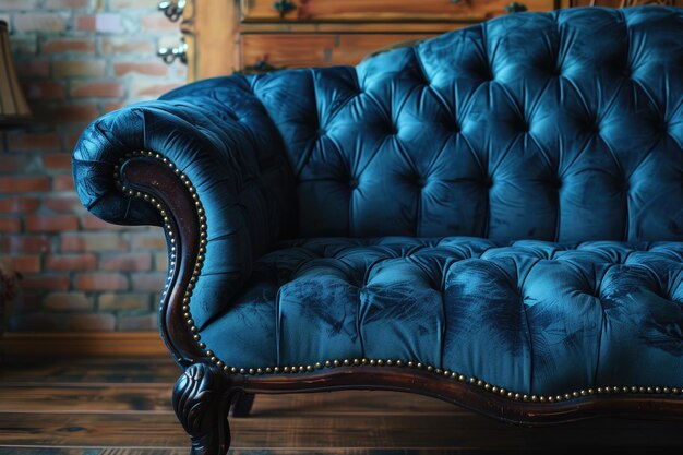 Blue velvet couch with a claw foot leg