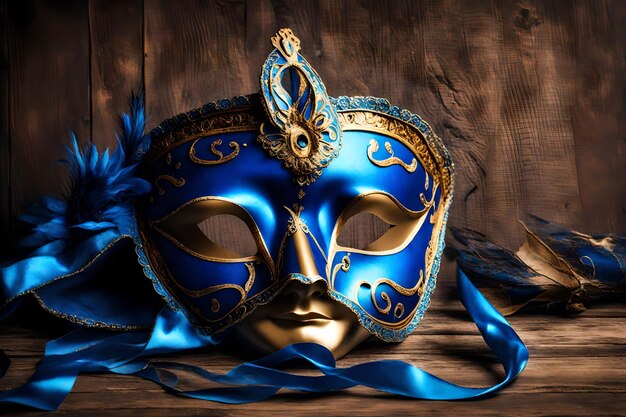 Blue venetian mask on a wooden table