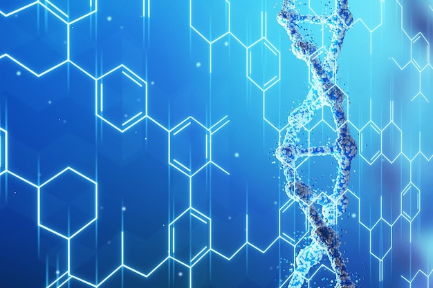 Blue vertical DNA chain close up with blue chemical formulas on the foreground. Concept of research. Mock up