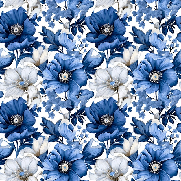 抽象的な花の花のシームレスなパターンのイラストと青いビンテージ背景 AI 生成