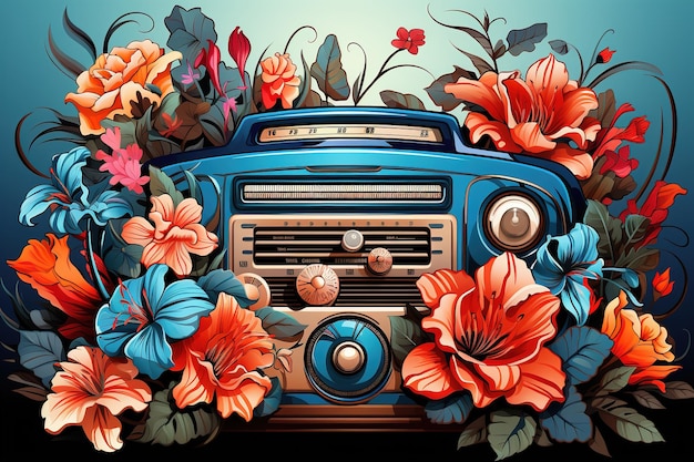 a blue vintage car with flowers and an antenna