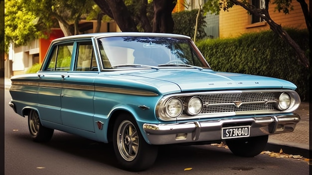 A blue vintage car with a license plate that says stratton on it.