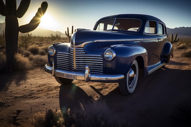 Photo blue vintage classic car in a colorful street retro generative ai