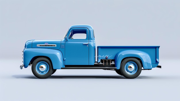 A blue vintage pickup truck is shown in profile on a white background The truck is a Ford from the 1950s and has a white wall tire