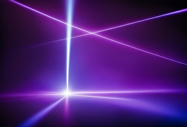 Blue and violet beams of bright laser light shining on black background