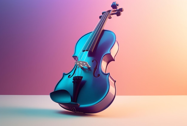 A blue violin sits on a table with a pink and purple background.