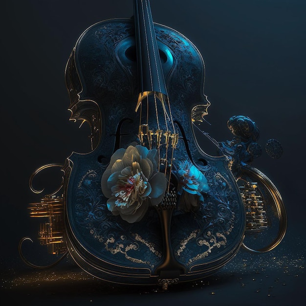 A blue violin with a flower on it