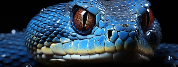 Blue viper snake on black background