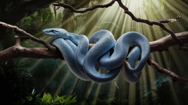 Blue viper snake on branch viper snake