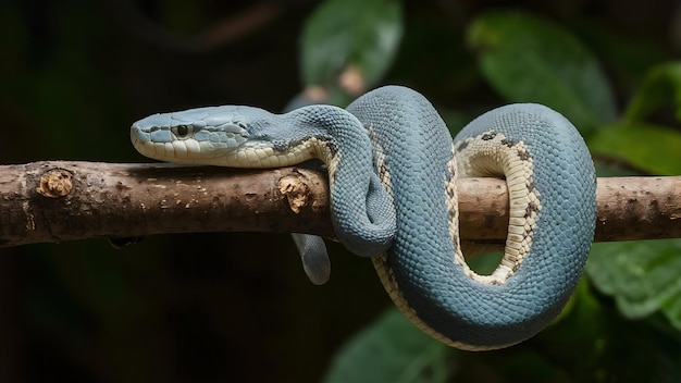 Blue viper snake side view on branch with black background viper snake blue insularis trimeresuru