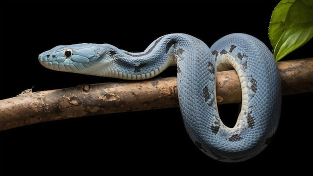 Blue viper snake side view on branch with black background viper snake blue insularis trimeresuru